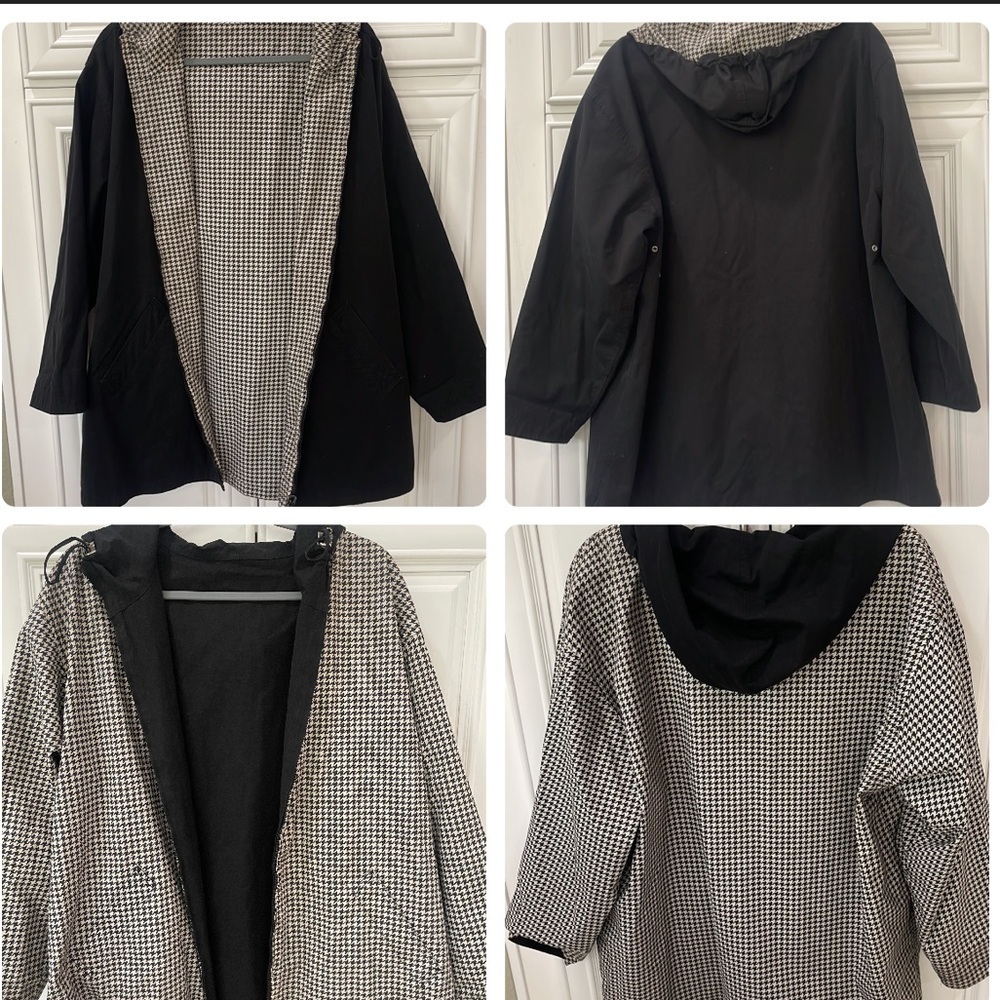 Jones of New York Black Houndstooth Reversible Hooded Jacket Sz Large Raincoat